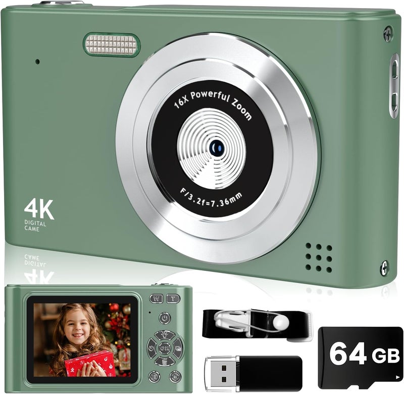 BEARBISU Digital Camera, 44MP Full HD 1080P Point and Shoot Camera with 64GB Card, Anti Shake 16X Zoom Compact Volg Cameras, Portable Small Camara Gift for Kids, Ages Teen Girl Boy - Green - Image 1